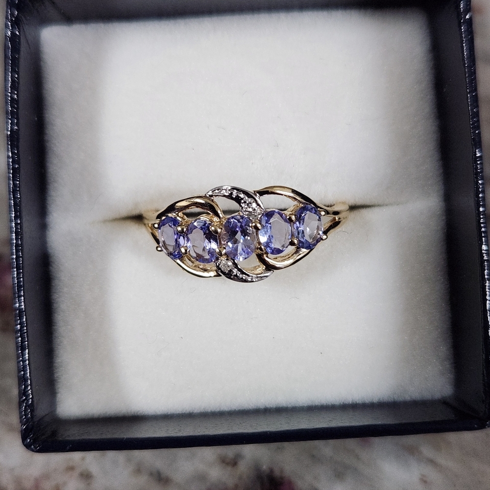 SALE Solid 14K Gold Natural 5 Stone Tanzanite Diamond Ring Sz 7 - Picture 4 of 13